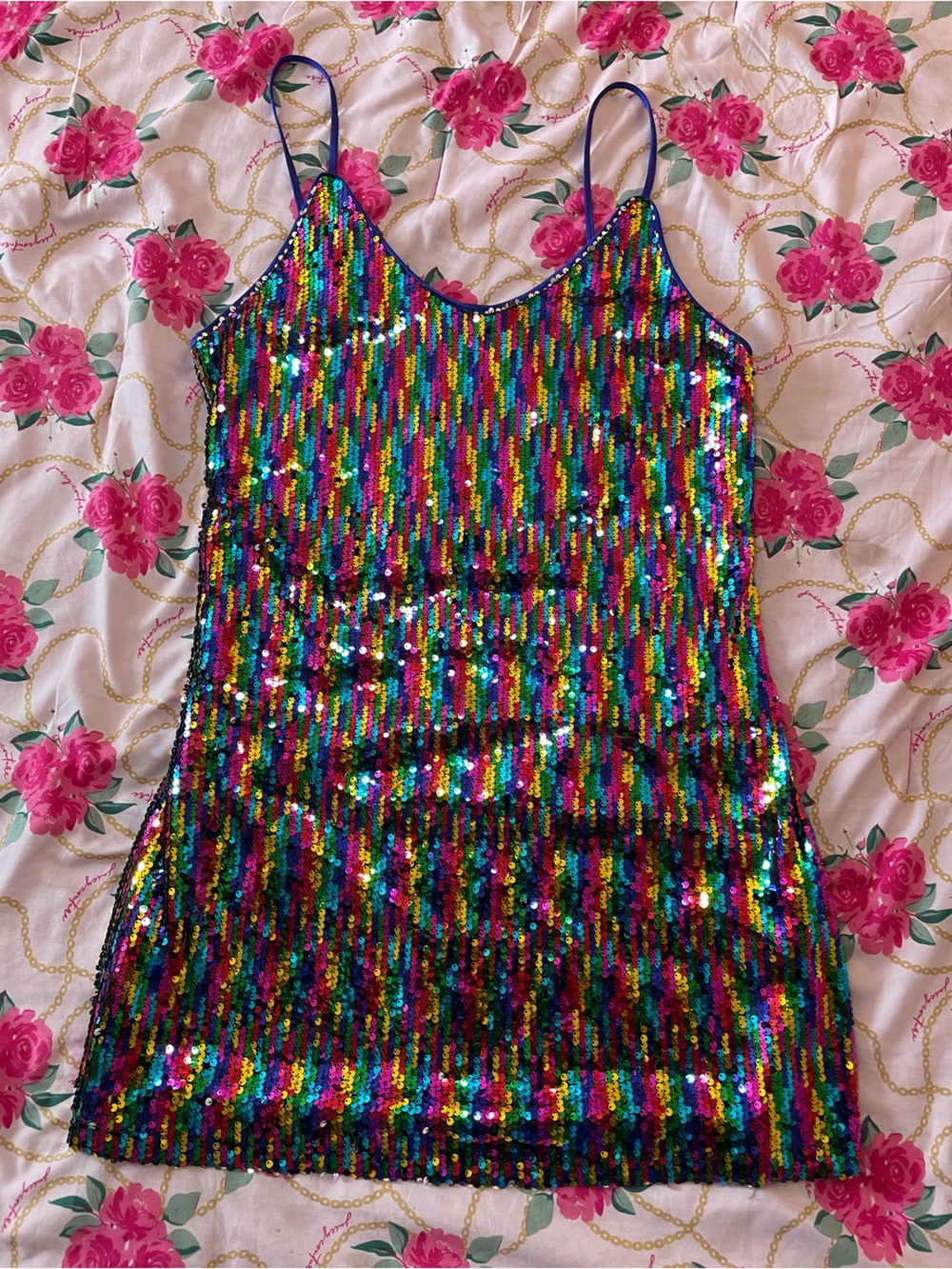 Allegra K Rainbow Sequin Mini Dress with Spaghetti Straps